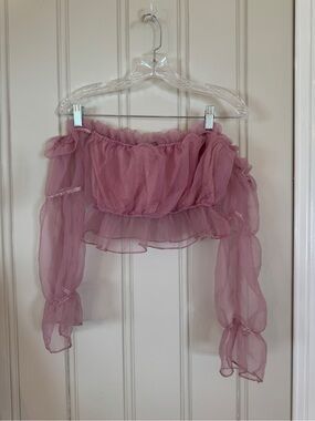 Nasty Gal Sheer Mauve Off-Shoulder Ruffle Crop Top Balletcore coquette girl